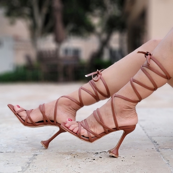 Shoes - Women's Brown Strappy Pyramid Heel Gladiator Sandals